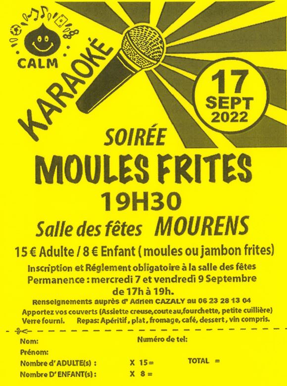 SOIREE MOULES/FRITES KARAOKE SAMEDI 17 SEPTEMBRE 2022 Mairie de Mourens
